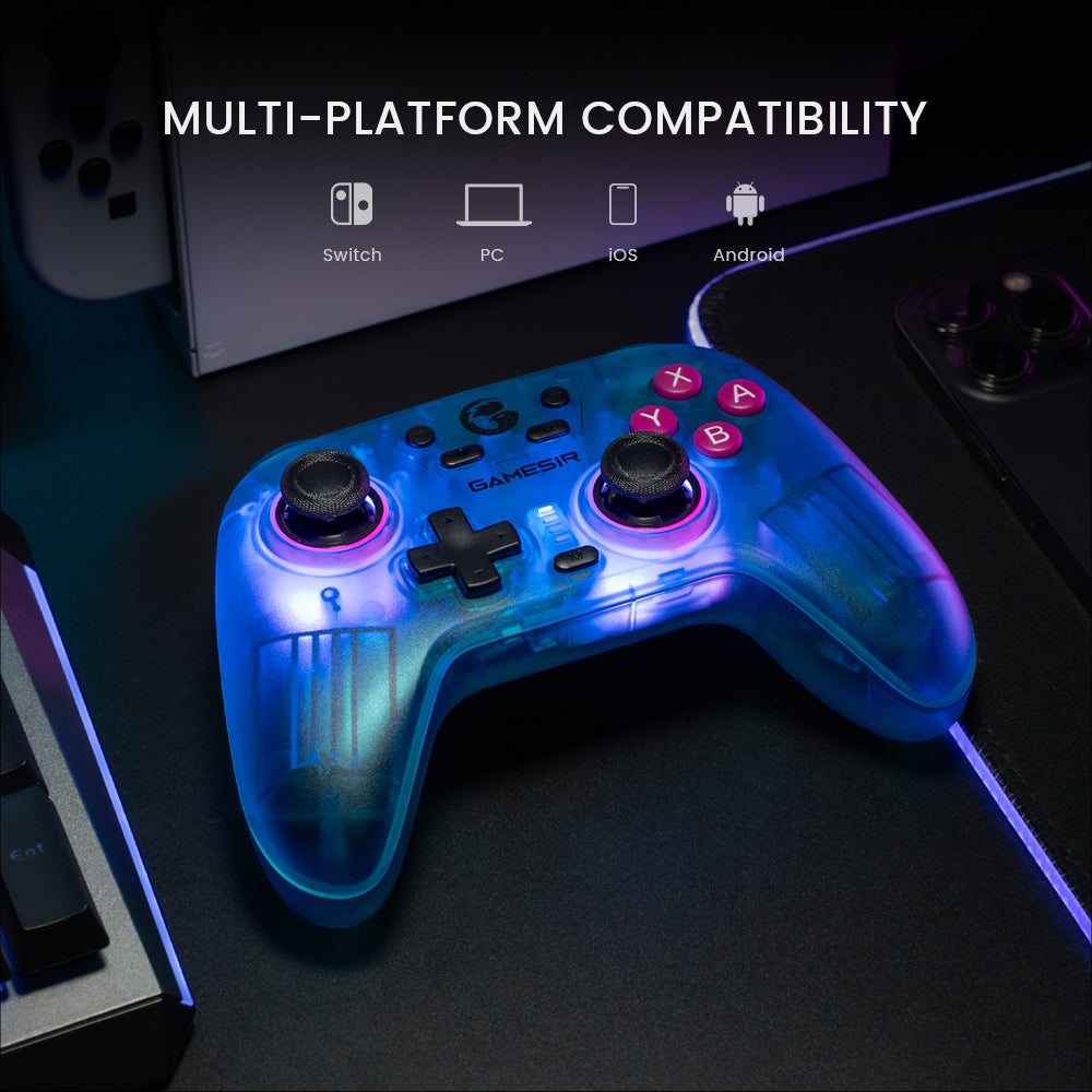 GameSir Nova controller paired with Switch, PC, iOS, and Android devices for cross-platform gaming
