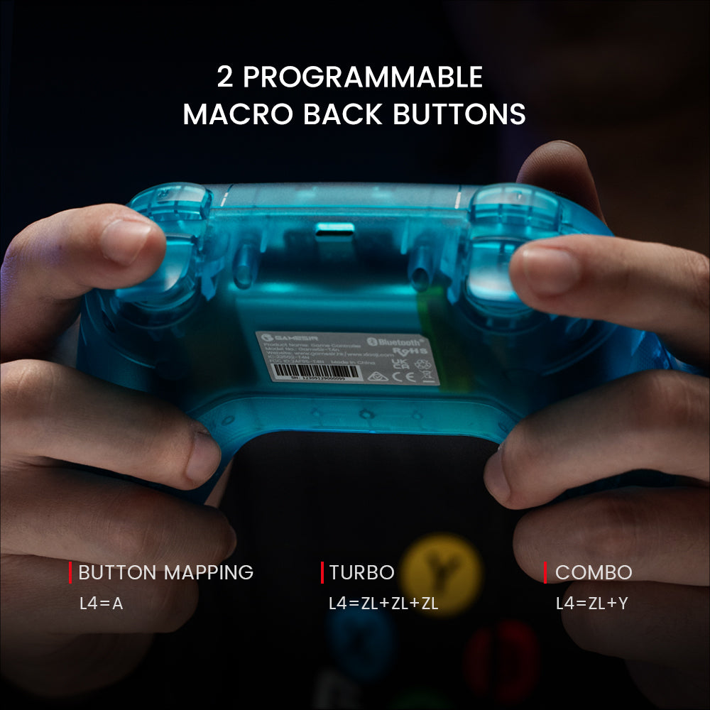 Rear-mounted programmable buttons for assigning complex command sequences or macros.