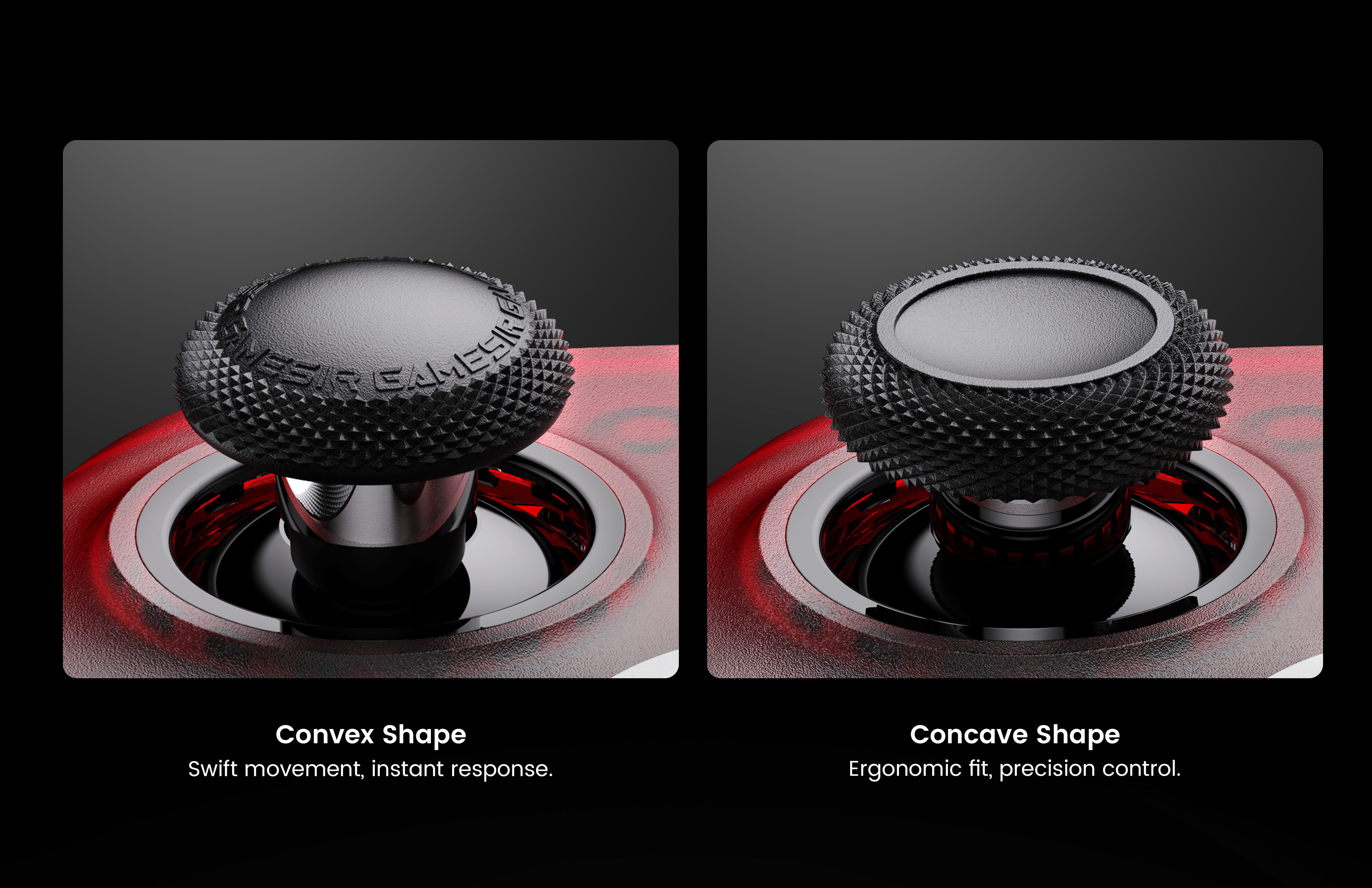 The GameSir Detachable Joystick Caps offer two distinct profiles to enhance your gameplay: the Convex Shape is designed for swift movement and instant response, while the Concave Shape provides an ergonomic fit for precision control. This set includes three pairs of caps in various heights and shapes, ensuring a tailored experience specifically for the GameSir G7 Pro Series and Cyclone 2 controllers.