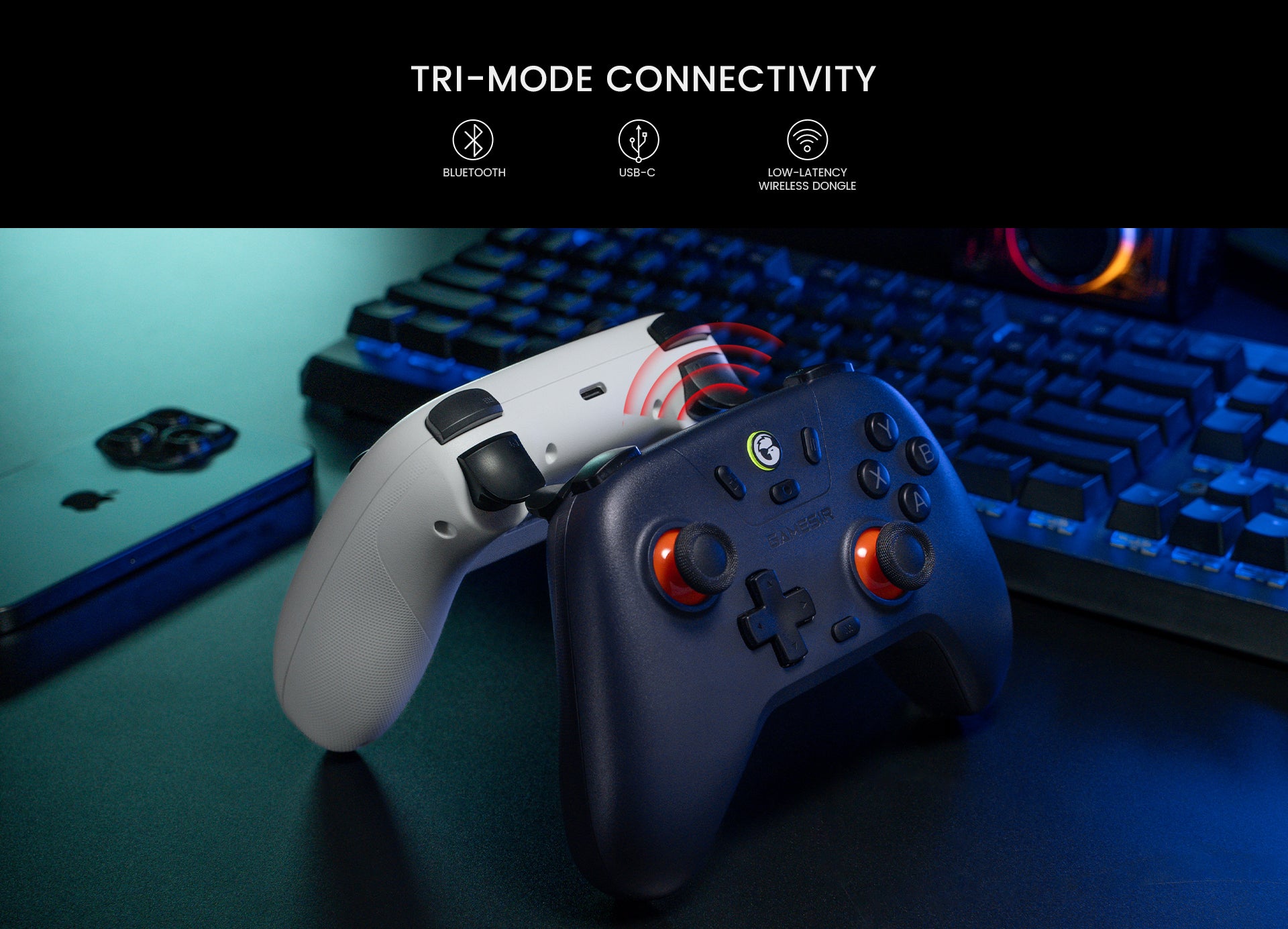 Tri-mode connectivity: Enjoy unparalleled flexibility with three connectivity options—Bluetooth, Wireless Dongle, and USB-C. Switch between devices effortlessly for a hassle-free gaming experience.