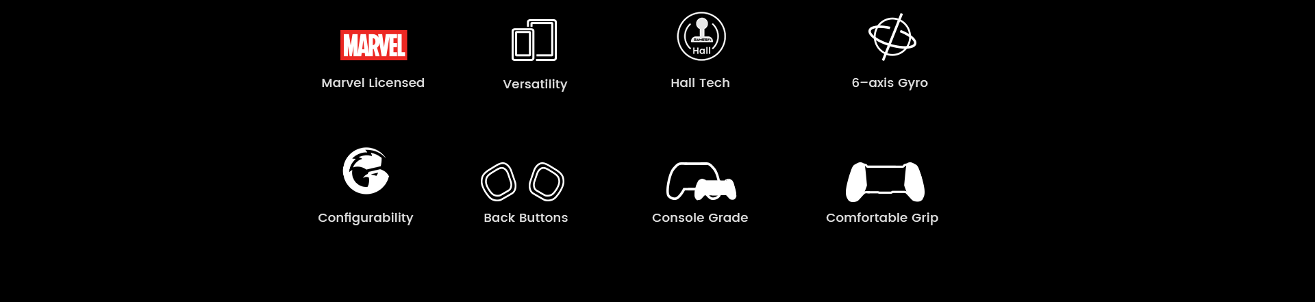 Mobile controller with key features of Marvel licensed, versatility, Hall tech, 6-axis gyro, configurability, back buttons, console grade, and comfortable grip