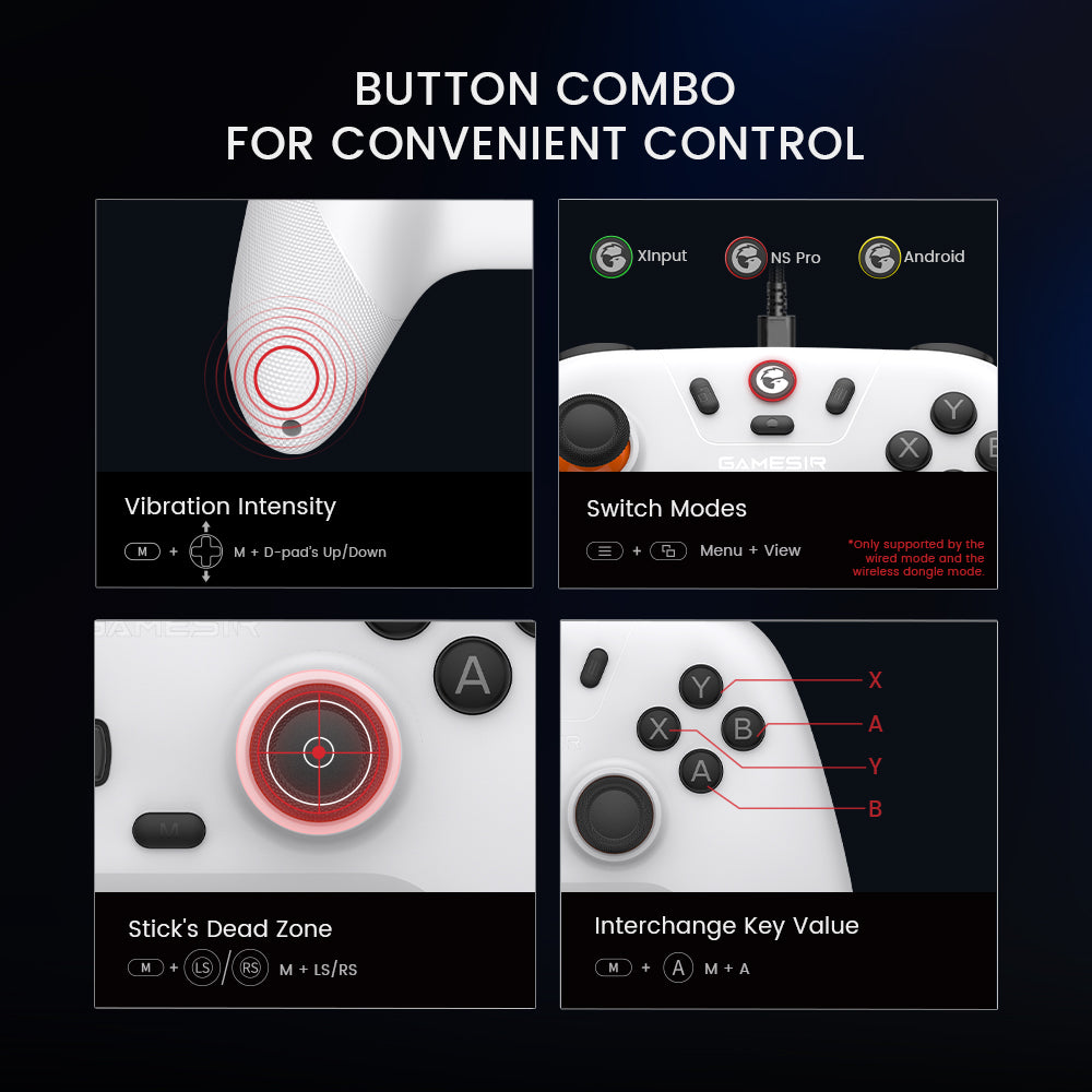 Multi-function M button for convenient control: Seamlessly adjust various settings with the multi-function M button, from vibration intensity, ABXY layout to sticks’ deadz