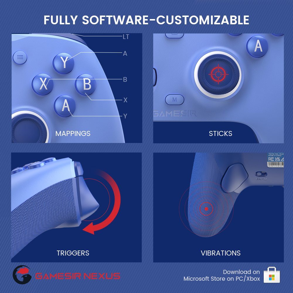 Fully customizable via GameSir Nexus software, offering button mapping, stick & trigger zone adjustments, vibration settings, and exclusive impulse triggers for all games
