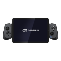 GameSir X5s wireless mobile game controller attached to a tablet displaying GameHub logo, compatible with multiple devices including Switch and PC.