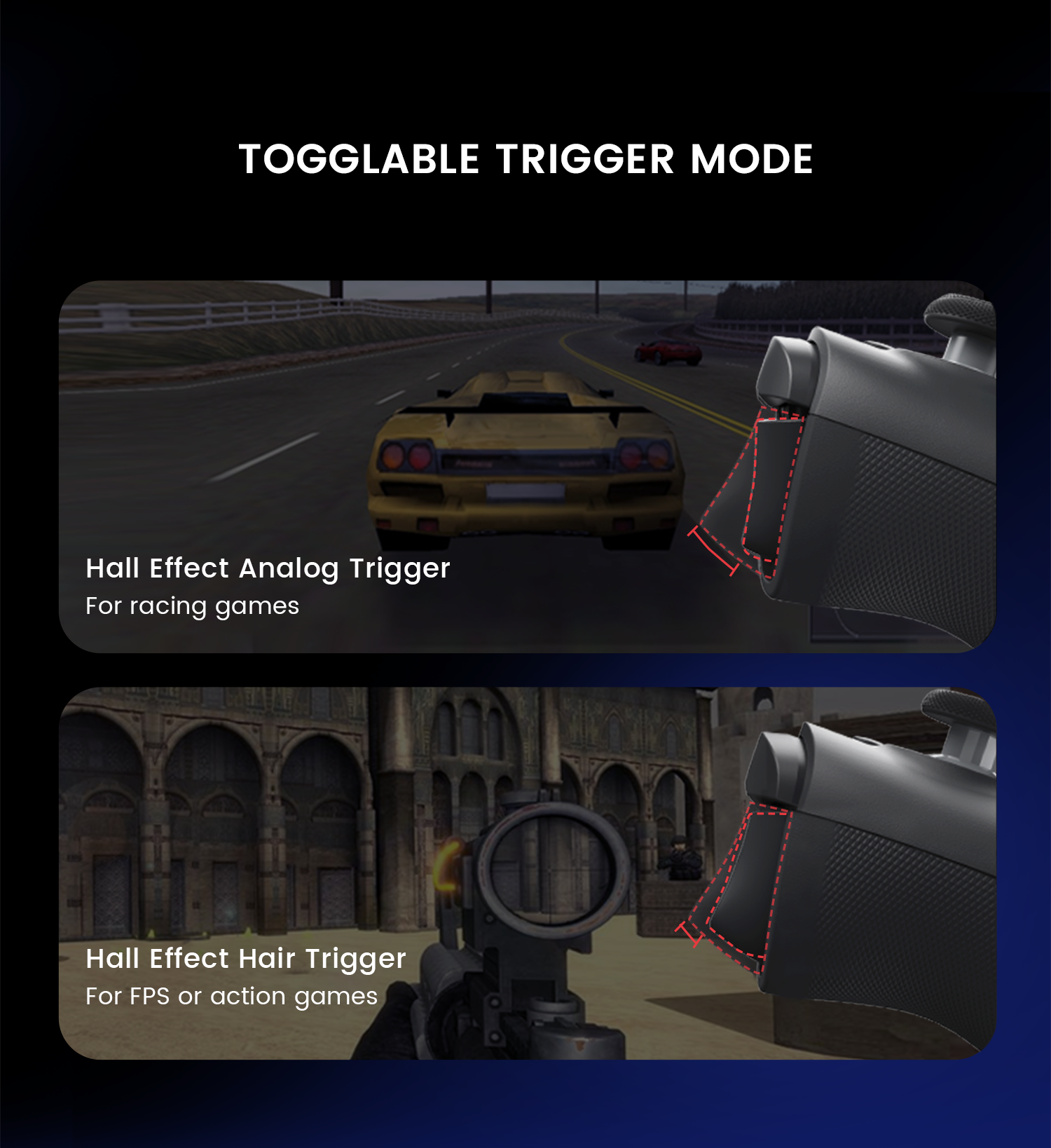Features togglable trigger mode, Hall Effect analog triggers for racing games, Hall Effect hair triggers for FPS or action games