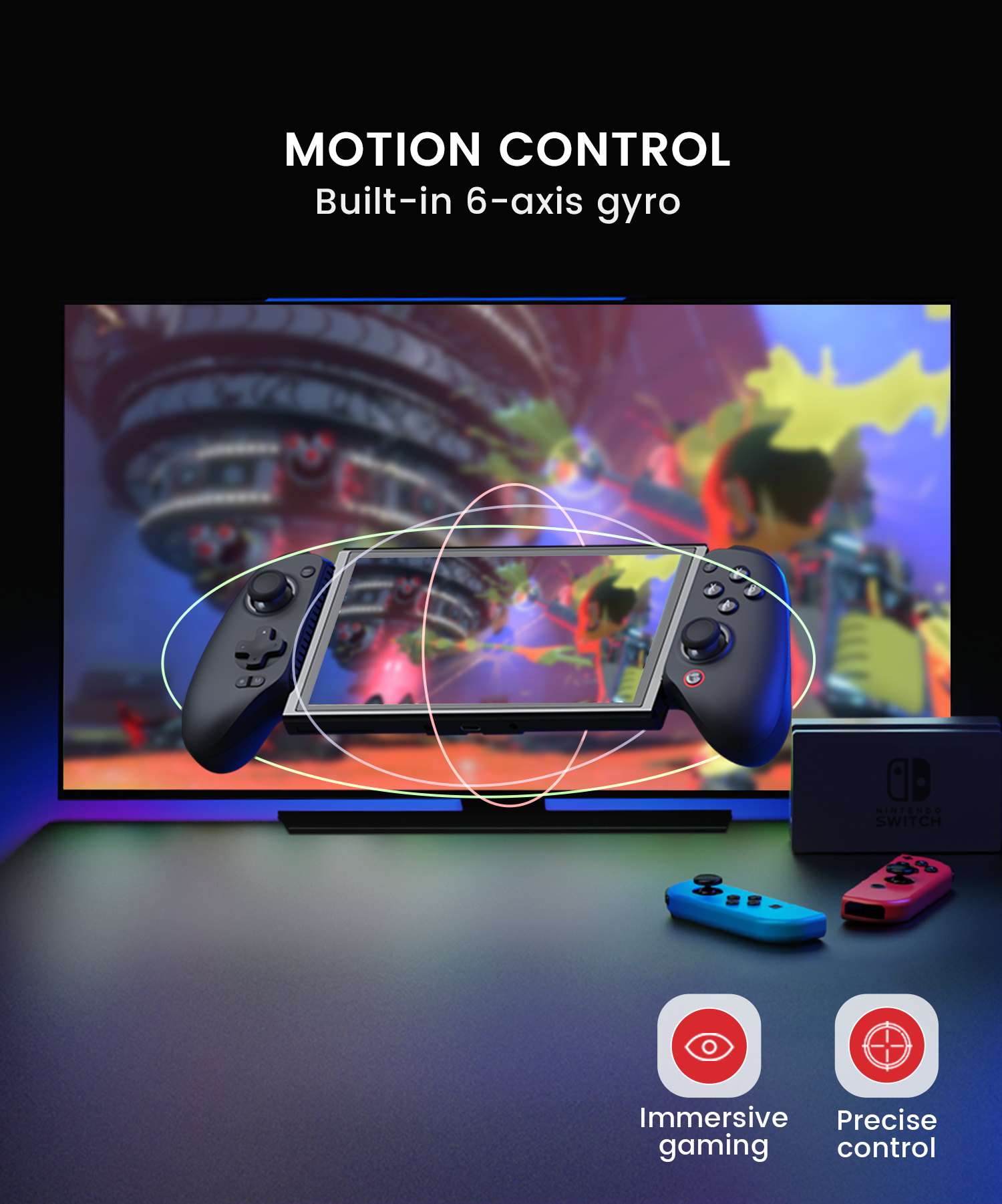 Motion control with built-in 6-axis gyroscope, allows for single-press wake-up with the Switch, offers immersive gaming and precise control