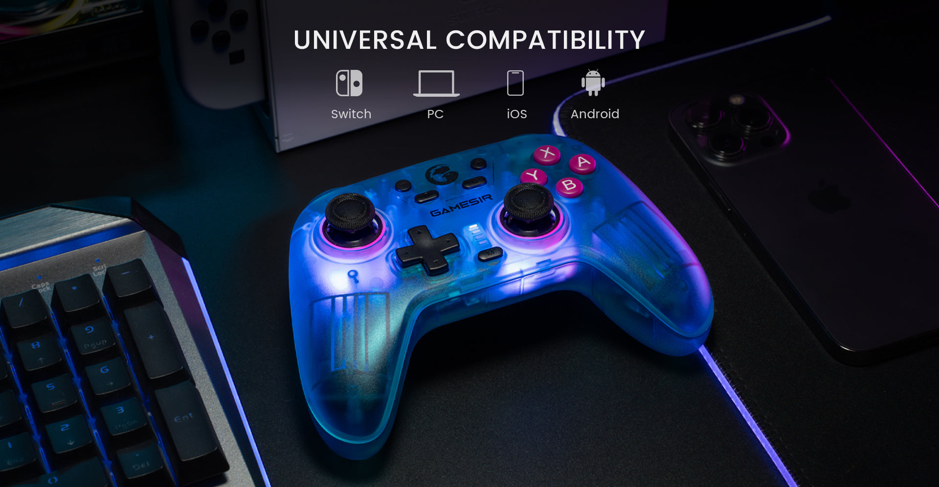 GameSir Nova controller paired with Switch, PC, iOS, and Android devices for cross-platform gaming