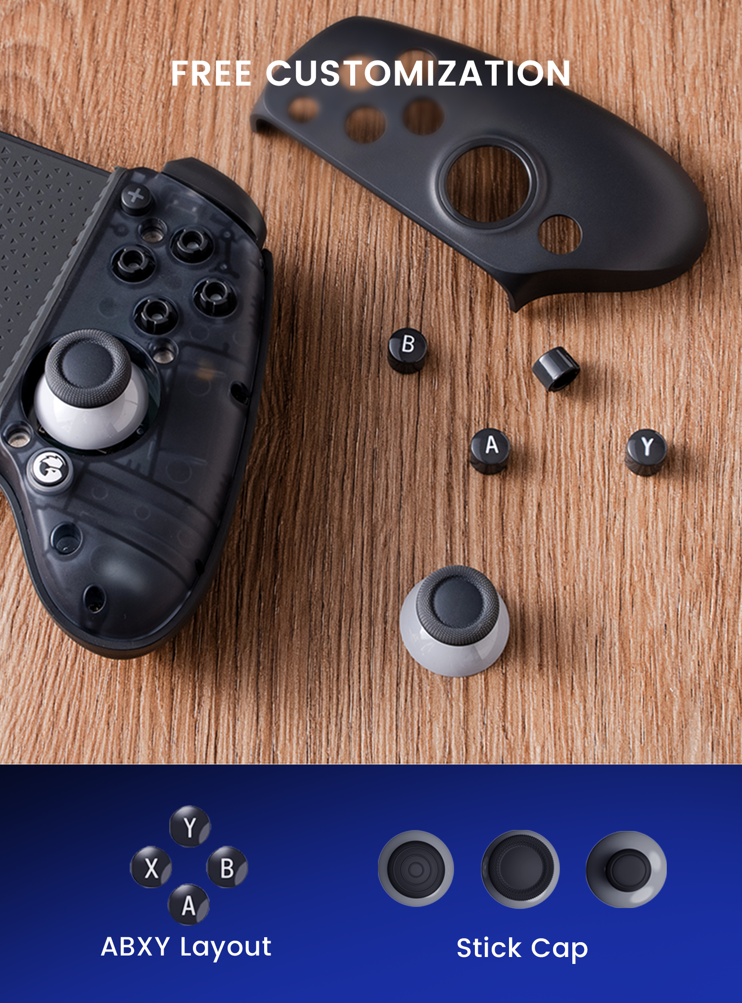 Free customization with customizable ABXY layout and stick caps