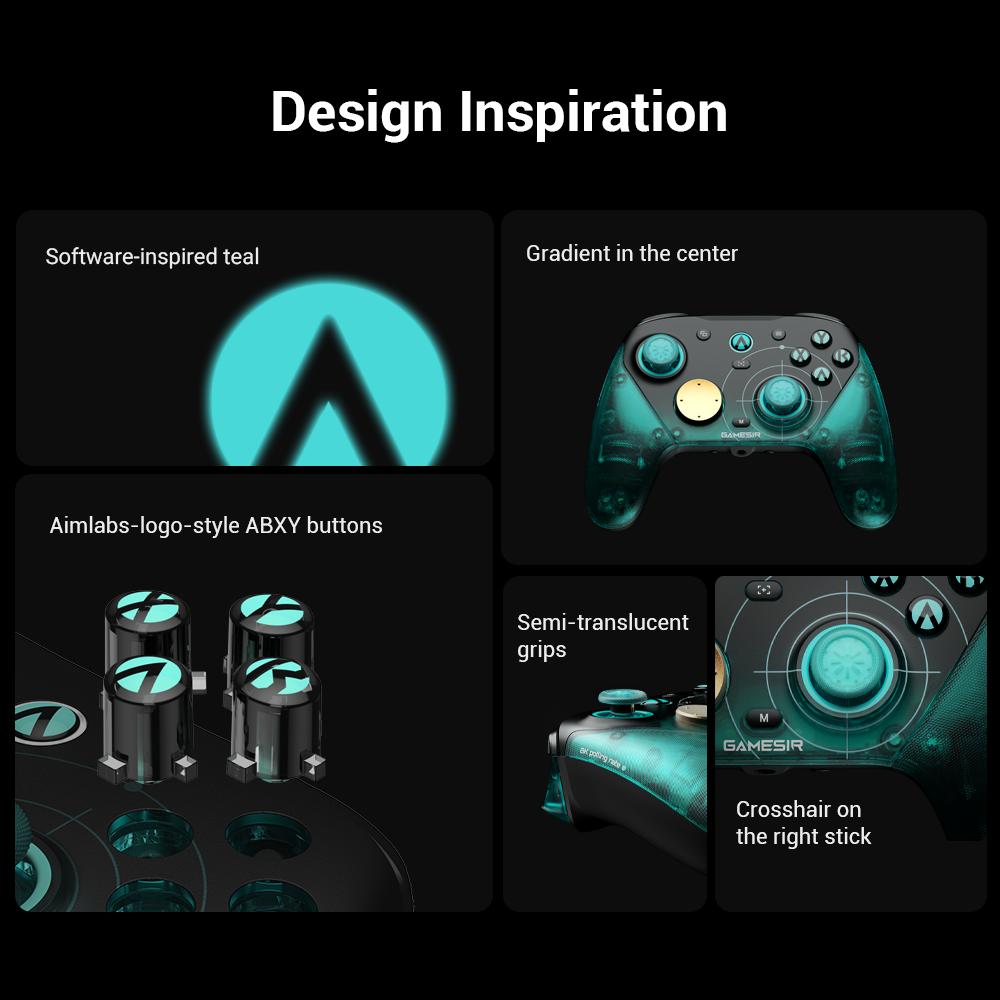 The G7 Pro 8K PC controller is a masterclass in modern gaming aesthetics. It features a software-inspired teal finish that captures the digital energy of the competitive scene. The custom Aimlabs-logo-style ABXY buttons offer a unique tactile identity, perfectly complemented by a striking radial gradient that draws the eye toward the center of the device. For a premium feel, the semi-translucent grips provide a glimpse into the internal engineering while offering superior comfort. Finally, the tactical crosshair etched onto the right stick serves as a constant reminder of your goal: pinpoint precision in every shot.