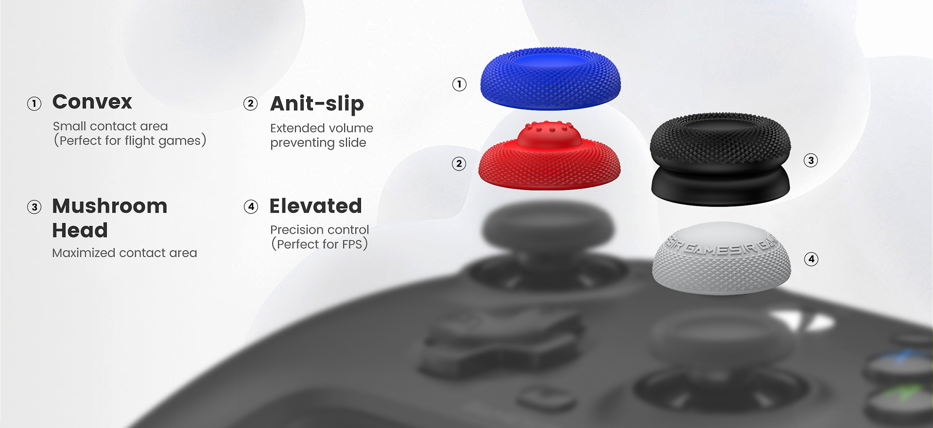 four function options of GameSir red, blue, gray, black thumb grip caps: convex, anti-slip, mushroom head, elevared