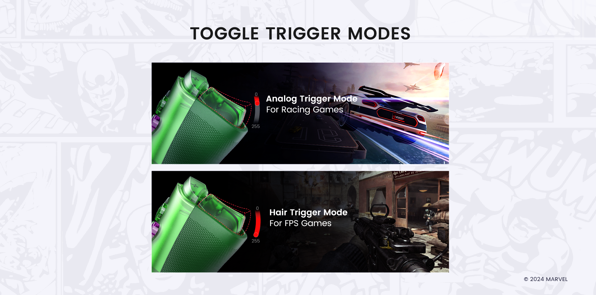 Features togglable trigger mode, Hall Effect analog triggers for racing games, Hall Effect hair triggers for FPS or action games