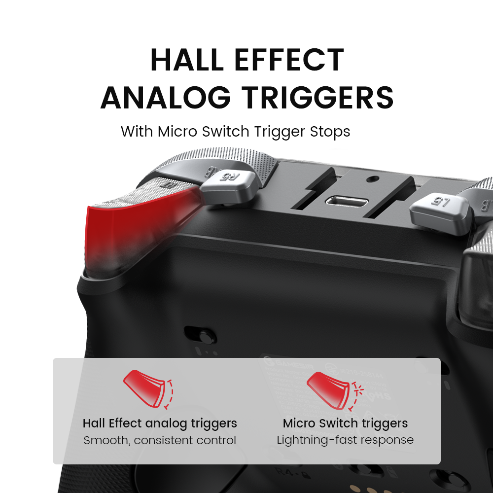 Precision TriggersThe GameSir G7 Pro Metallic Silver features Hall Effect analog triggers for smooth, consistent control, combined with Micro Switch trigger stops for lightning-fast response.