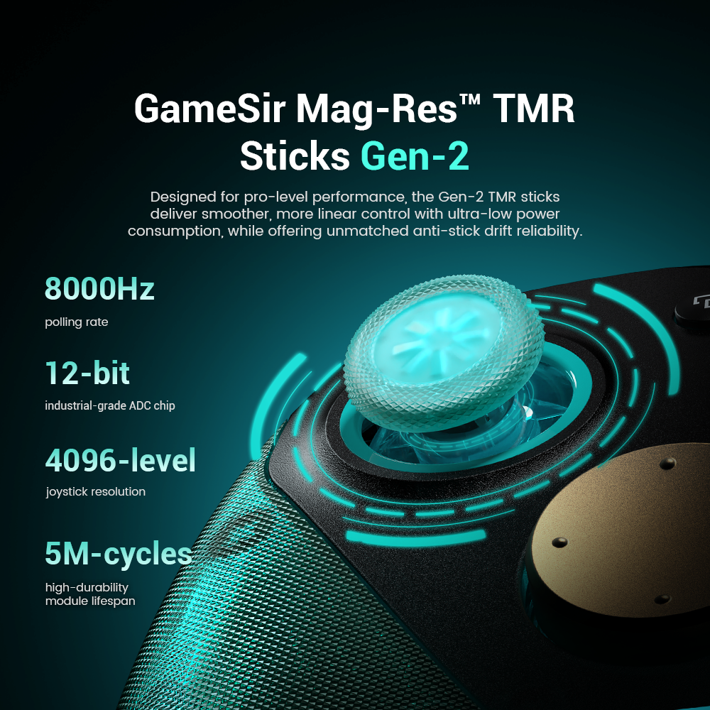 GameSir G7 Pro 8K PC - Aimlabs Edition game controller.GameSir Mag-Res™ TMR Sticks Gen-2.Experience the next level of immersion with the Gen-2 TMR sticks, designed to meet the rigorous demands of professional play. Whether you are fine-tuning a long-range shot or executing a sharp drift, these sticks provide the smooth, linear precision you need. Enjoy extended wireless play thanks to their ultra-low power consumption, and play with peace of mind knowing the anti-drift technology will keep your aim true for years to come.