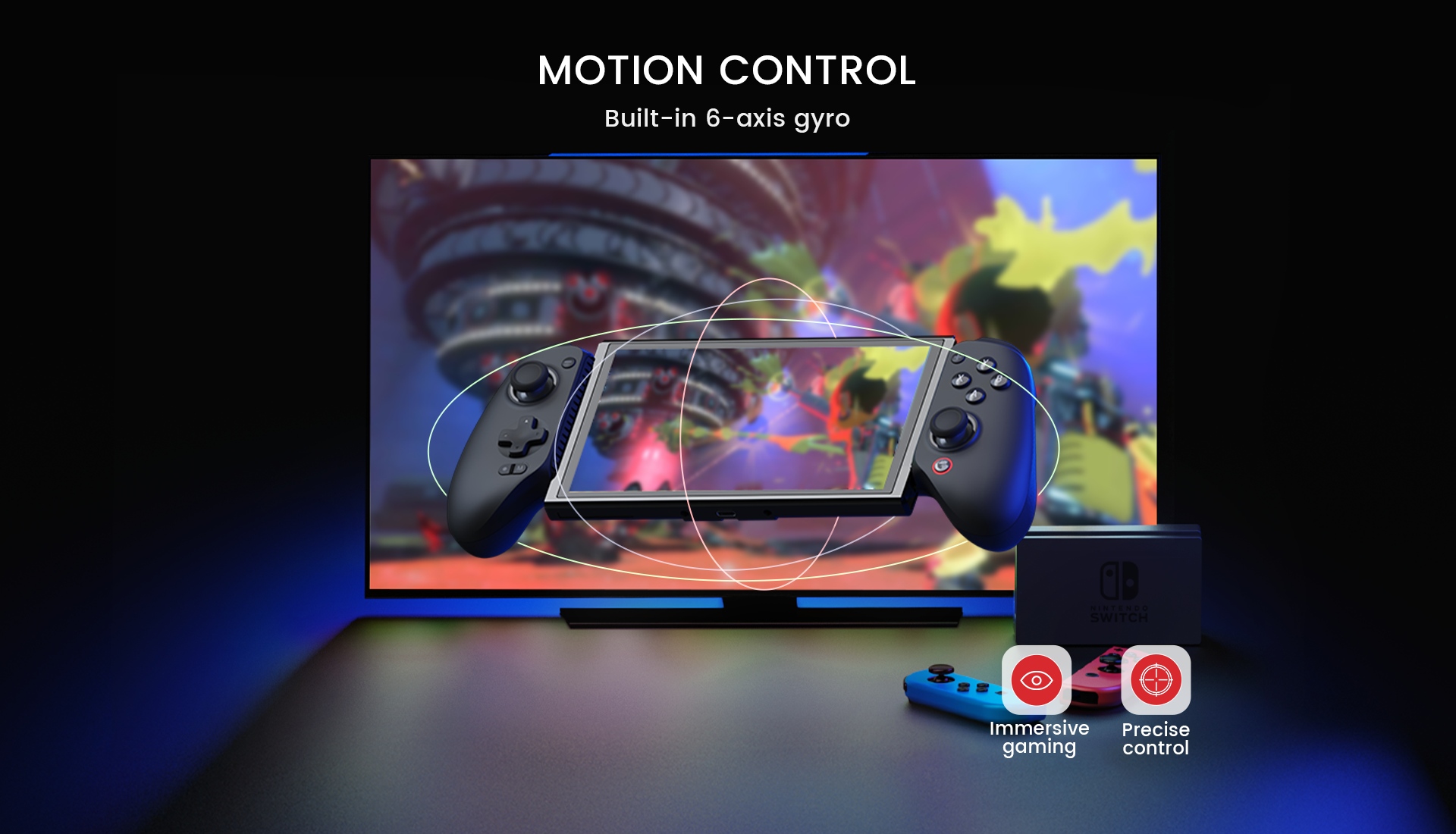 Motion control with built-in 6-axis gyroscope, allows for single-press wake-up with the Switch, offers immersive gaming and precise control