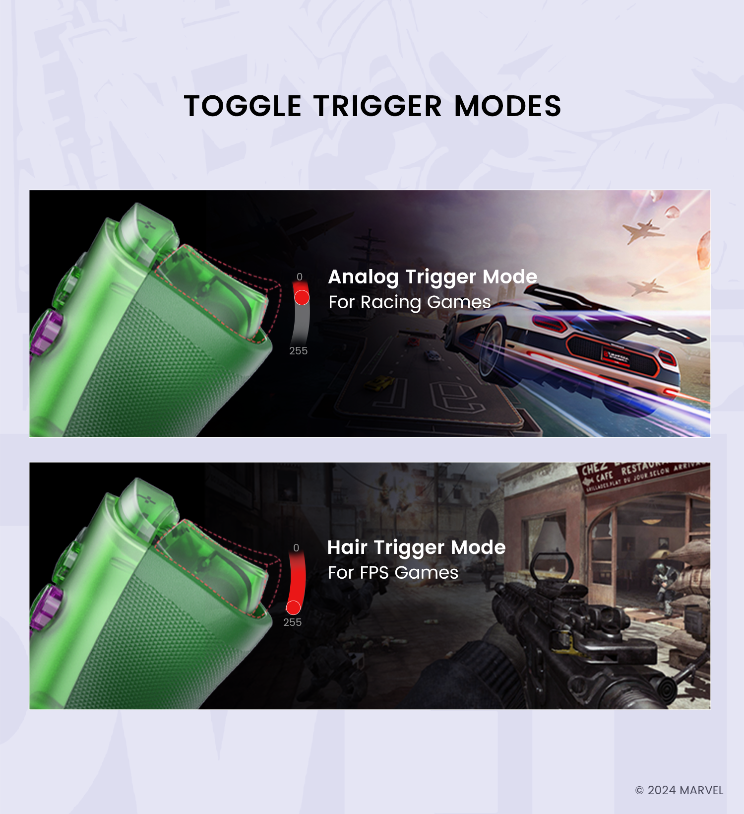 Features togglable trigger mode, Hall Effect analog triggers for racing games, Hall Effect hair triggers for FPS or action games