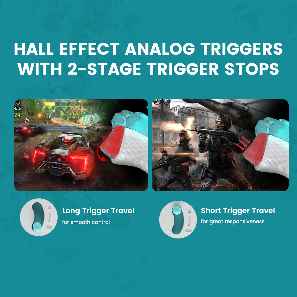 hall effect analog trigger with 2 - stage trigger stops of GameSir T7 Pro Floral: long trigger travel for smooth control & short trigger travel for great responsiveness