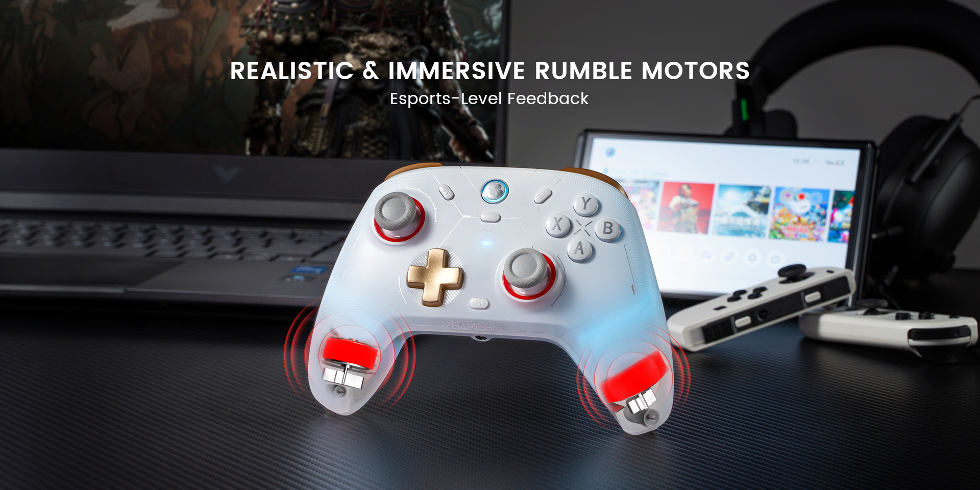 Dual rumble motors deliver realistic and immersive vibration, brings esports-level feedback