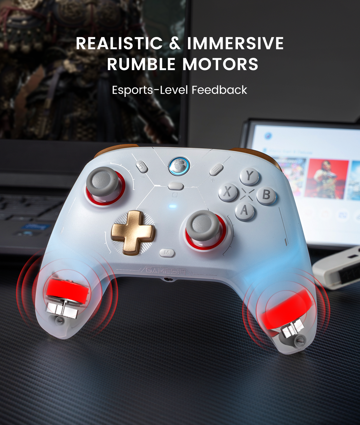 Dual rumble motors deliver realistic and immersive vibration, brings esports-level feedback