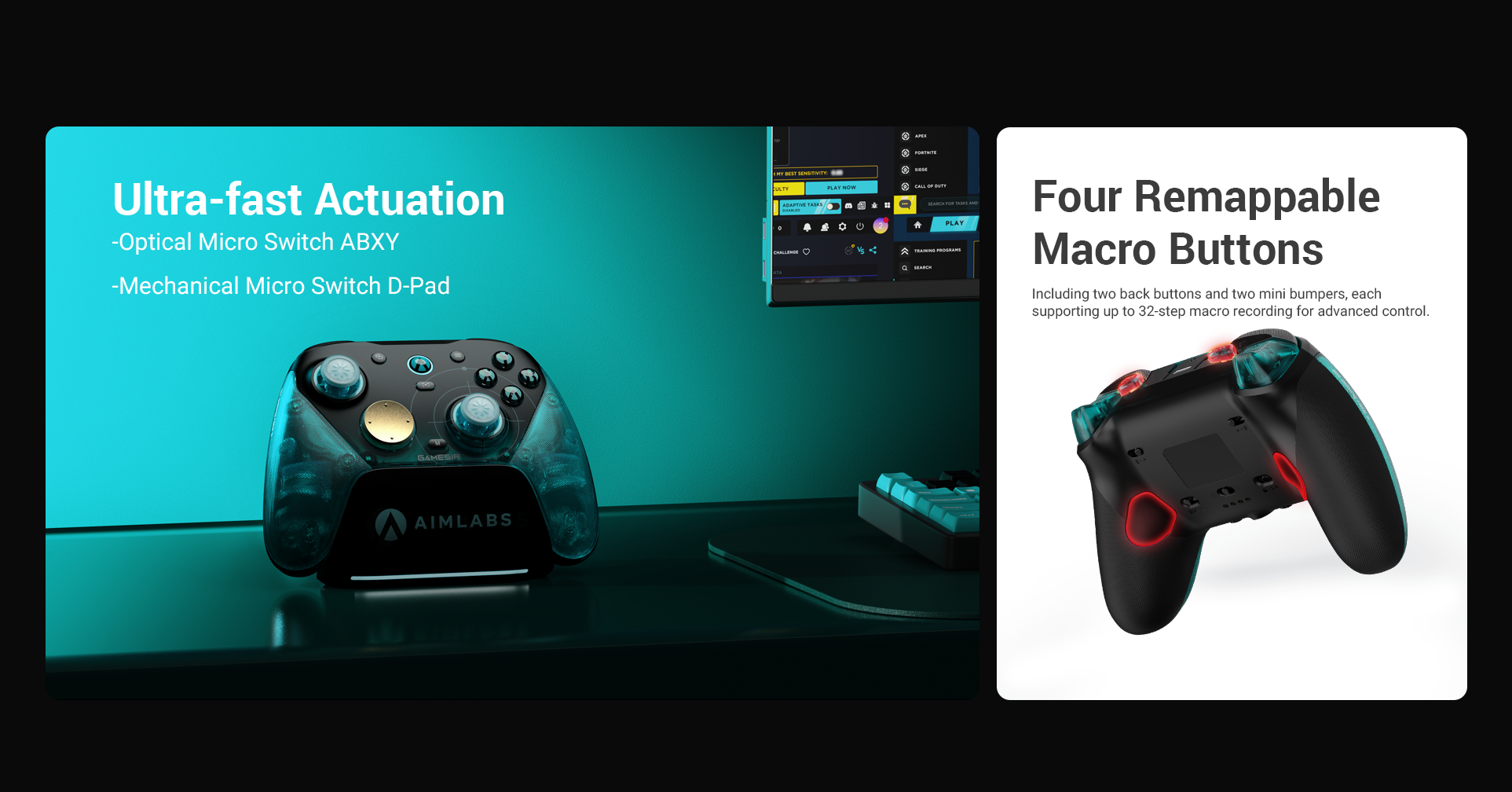 GameSir G7 Pro 8K PC - Aimlabs Edition game controller. Master every game genre with our innovative Dual-Mode Trigger Stops. Seamlessly switch between Micro Switch triggers for a crisp, mouse-click feel and lightning-fast response—perfect for competitive FPS titles—or engage the Hall Effect analog triggers for smooth, consistent control, providing the precise linear input required for racing and simulation games.