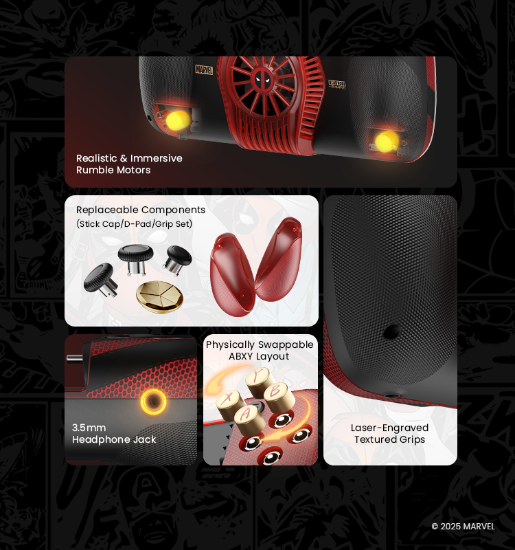 More advanced features like realistic and immersive rumble motors, physically swappable ABXY layout, free customization with replaceable components, 3.5mm headphone jack, laser-engraved textured grips