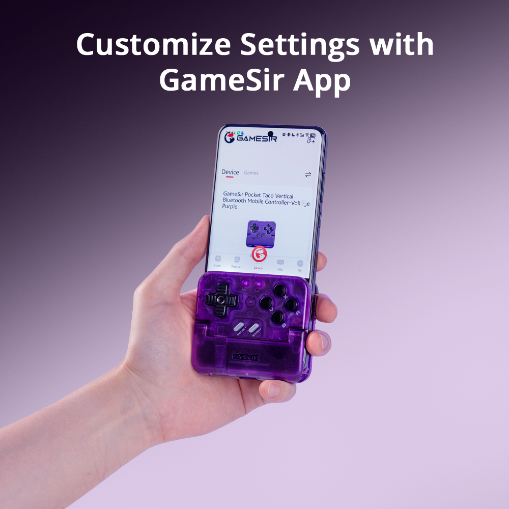 Software Integration of the GameSir Pocket Taco, specifically interacts with the official GameSir App.1. Software Customization & MonitoringGameSir App Integration: The controller is fully compatible with the GameSir App, acting as a central hub for personalization.Device Status: The app provides real-time monitoring of the controller, including accurate battery percentage (e.g., 78% as shown) and current firmware version.Advanced Mapping: Players can use the app to remap buttons, set up turbo functions, and adjust D-pad sensitivity (such as locking diagonals for cleaner retro movement).2. Hardware & Button MechanicsTactile Switch Triggers & Bumpers: The shoulder buttons (L1/L2, R1/R2) use tactile switches for a modern, clicky response.Cushioned Membrane ABXY & D-pad: The face buttons use classic membrane technology to replicate the soft, nostalgic feel of retro handhelds like the Game Boy.Soft Silicone Pads: The interior of the clamp features multi-layered silicone padding to securely grip the phone while preventing scratches.3. Portability & Design ConceptVertical Handheld Gaming: Its unique