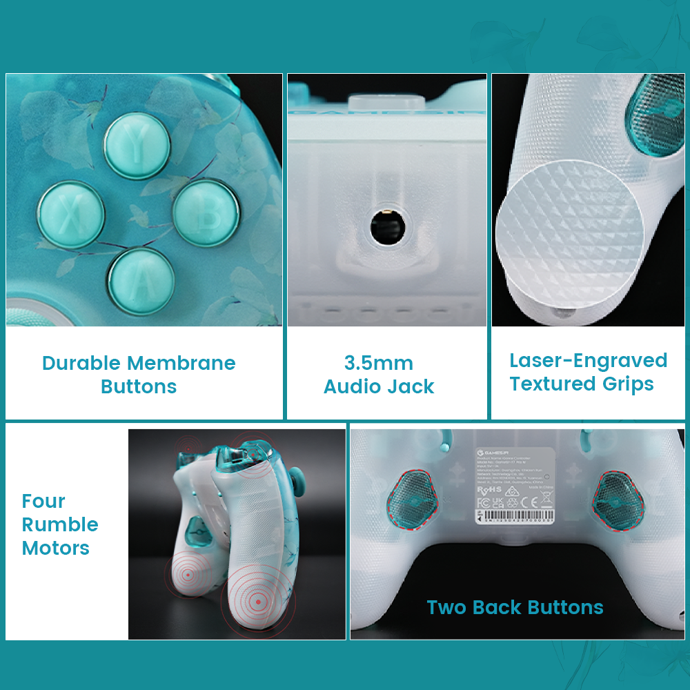 GameSir T7 Pro Floral five features:1. Two Back Buttons,1. Realistic and Subtle Vibration1. 3.5mm Headphone Jack 1.Durable Membrane Buttons, 2.3.5mm Audio Jack, 3.Laser-Engraved Textured Grips, 4.Four Membrane Buttons, 5.Two Back Buttons