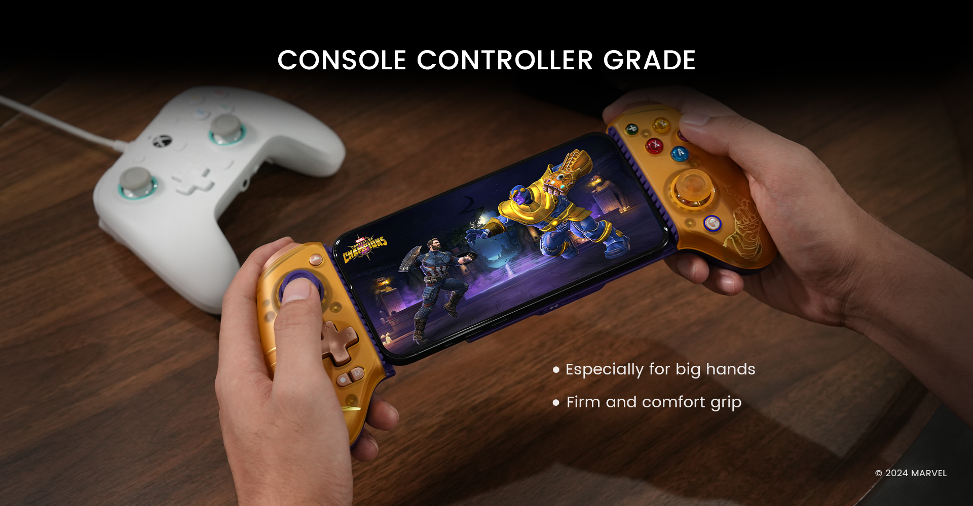 Console controller grade sicks and buttons for exceptional comfort, especially designed for big hands, bringing firm and comfortable grip