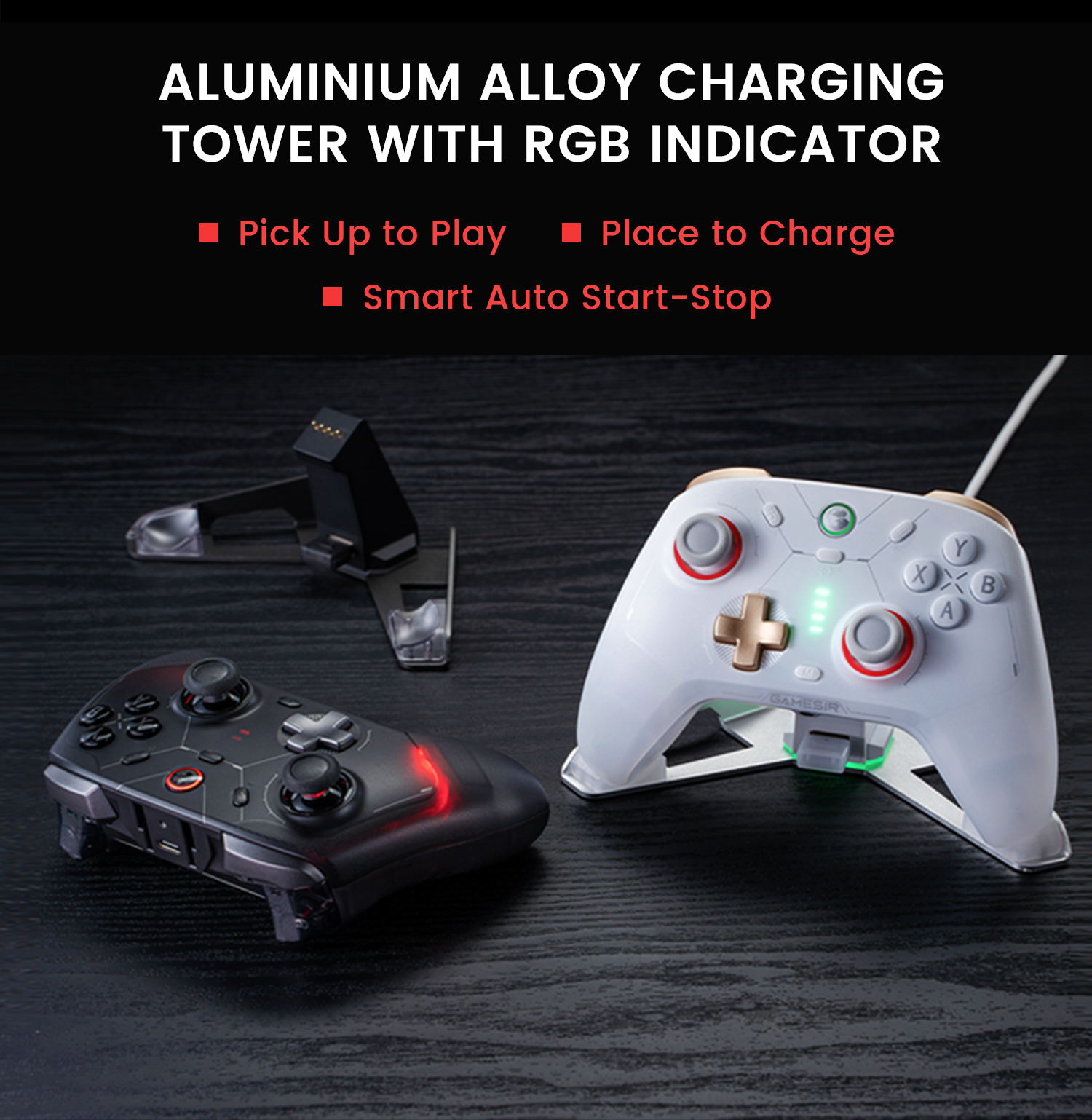 Supports an aluminium alloy charging tower with RGB indicator, with smart auto start-stop function, easily pick up to play and place to charge