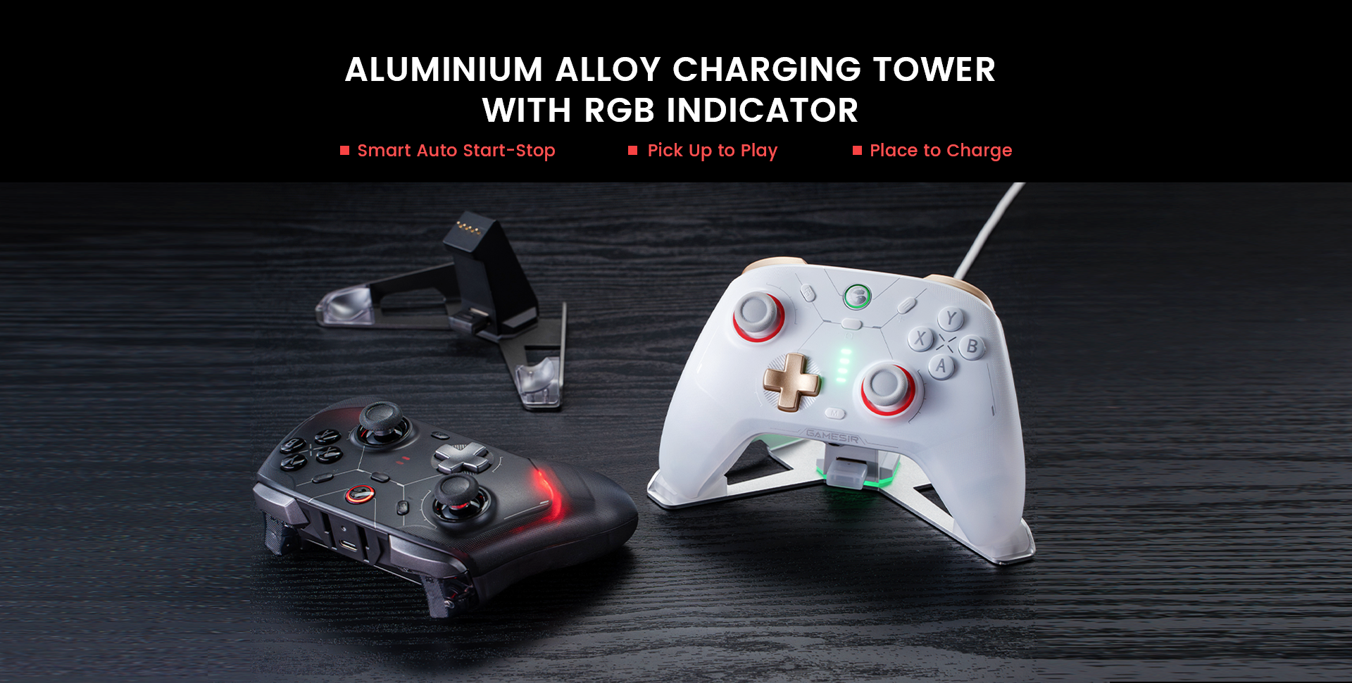 Supports an aluminium alloy charging tower with RGB indicator, with smart auto start-stop function, easily pick up to play and place to charge
