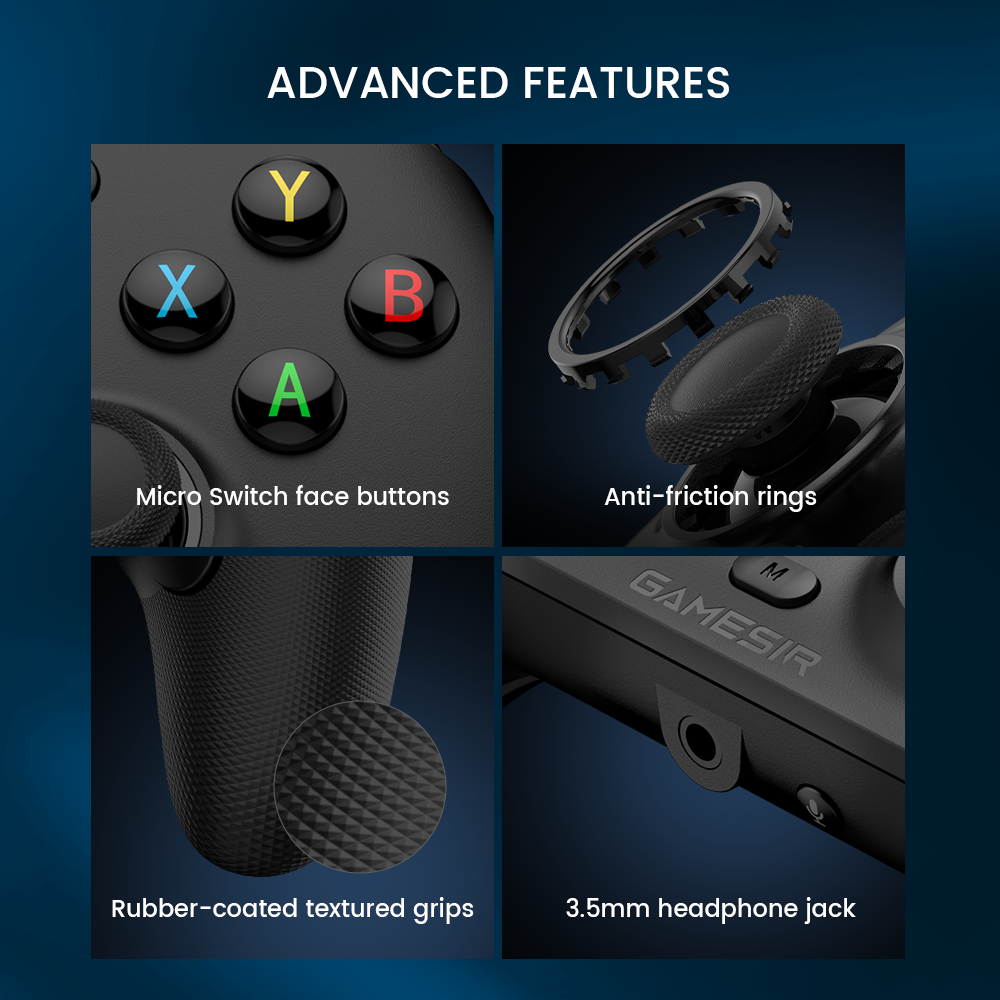 More advanced features like micro switch face buttons, anti-friction rings, 3.5mm headphone jack, rubber-coated textured grips