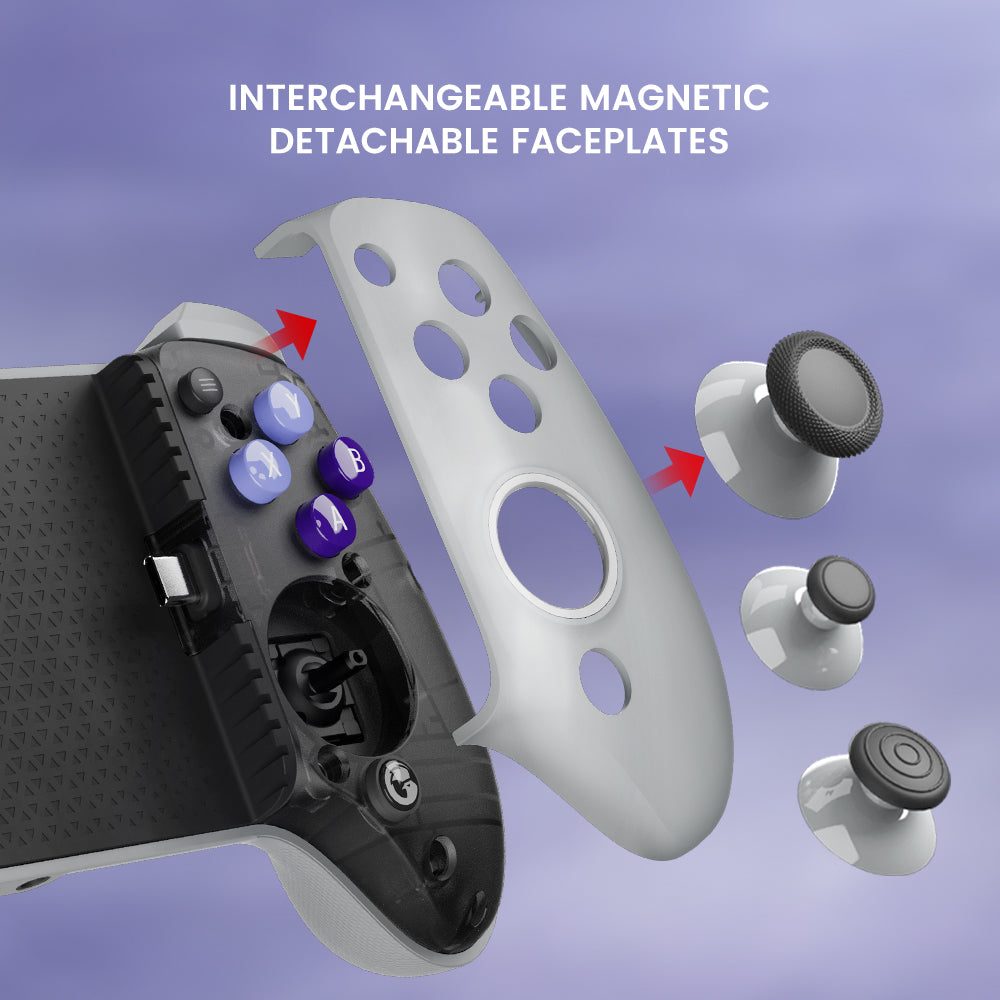 The movable Type-C port guarantees a secure connection, the interchangeable magnetic detachable faceplates allows for customizing the stick caps