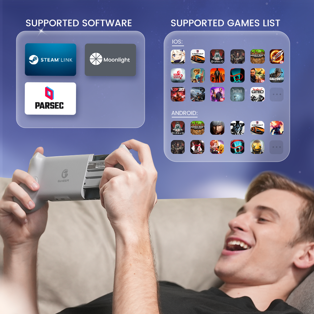 Supports multiple applications and games like Xbox Game Pass, Steam Link, Moonlight, PS Remote Play, and more