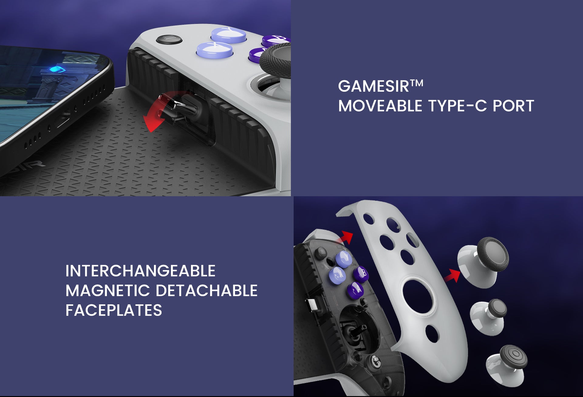 The movable Type-C port guarantees a secure connection, the interchangeable magnetic detachable faceplates allows for customizing the stick caps