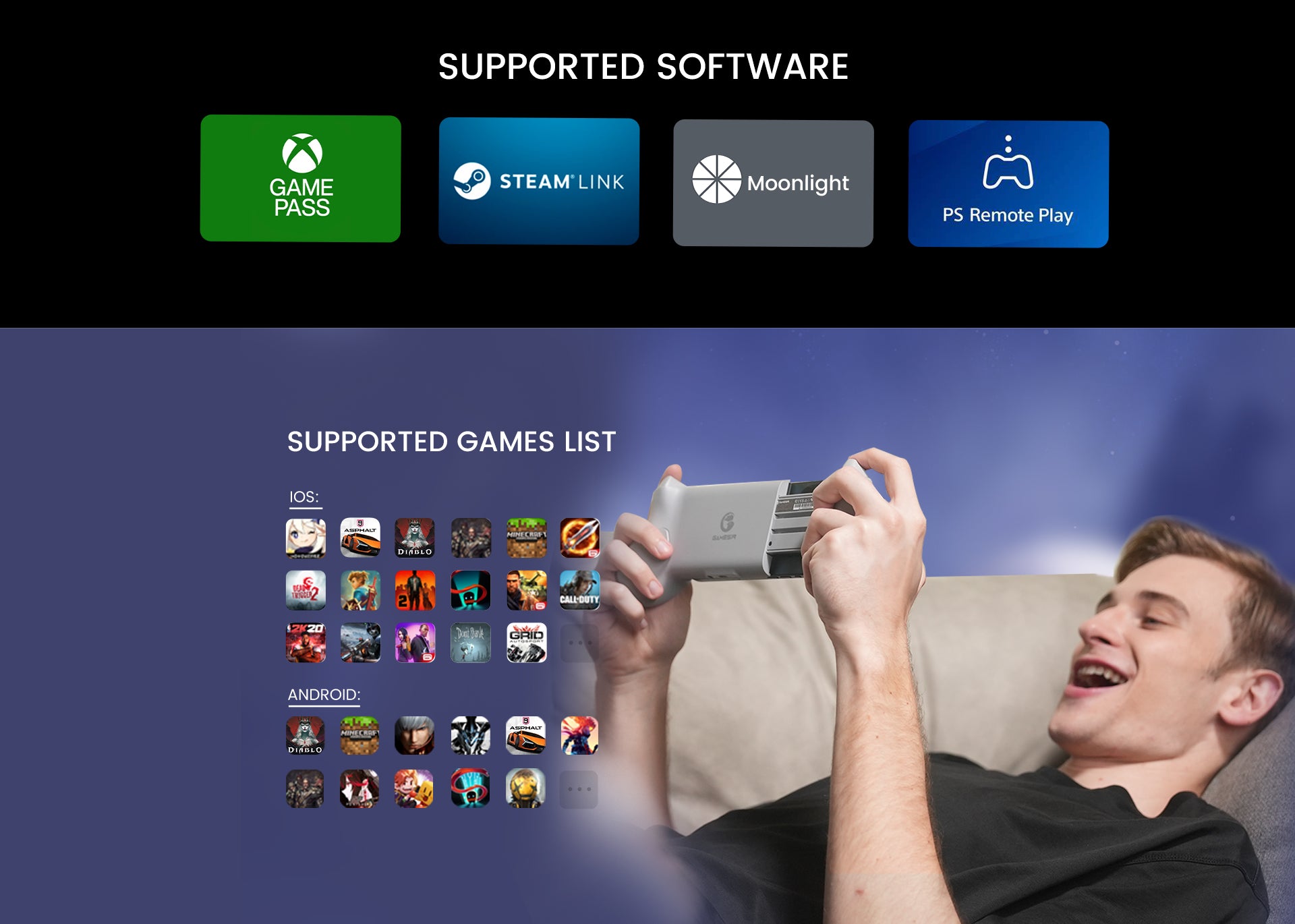 Supports multiple applications and games like Xbox Game Pass, Steam Link, Moonlight, PS Remote Play, and more