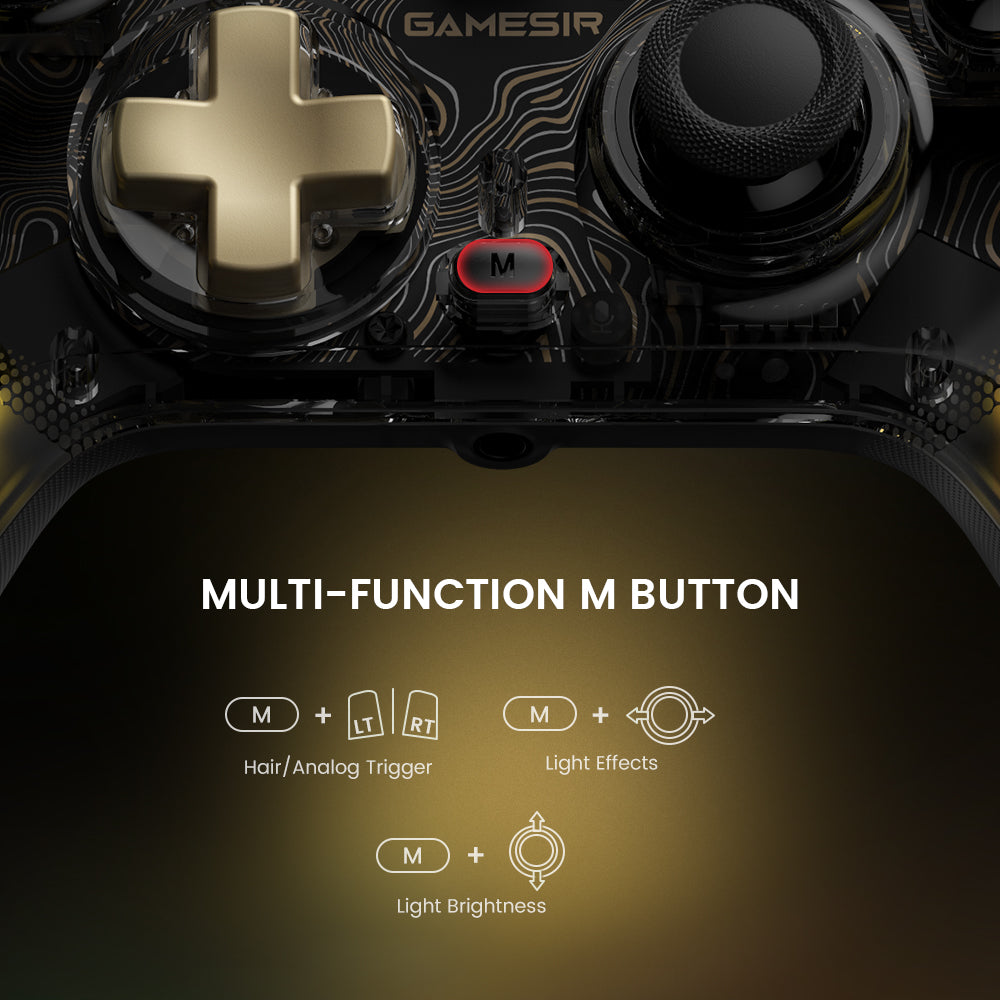 multi-function on M button using: hair/analog trigger change, light effects change, light brightness change
