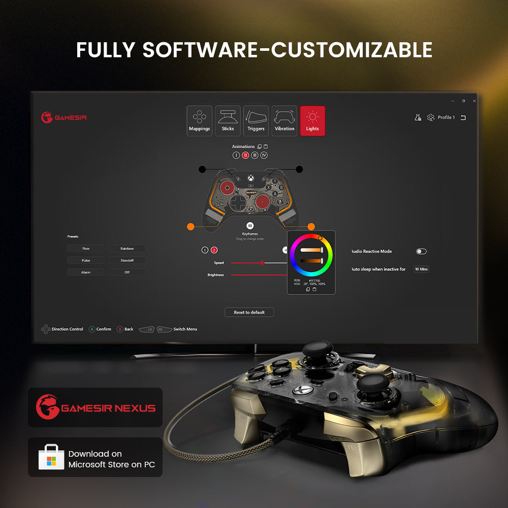 GameSir Software Interface displaying firmware updates, dead zone adjustments, and button customization options