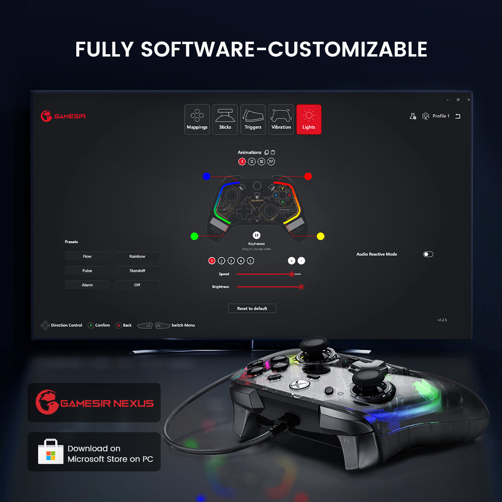 Fully customizable via GameSir Nexus software, offering button mapping, stick & trigger zone adjustments, vibration settings, and exclusive impulse triggers for all games