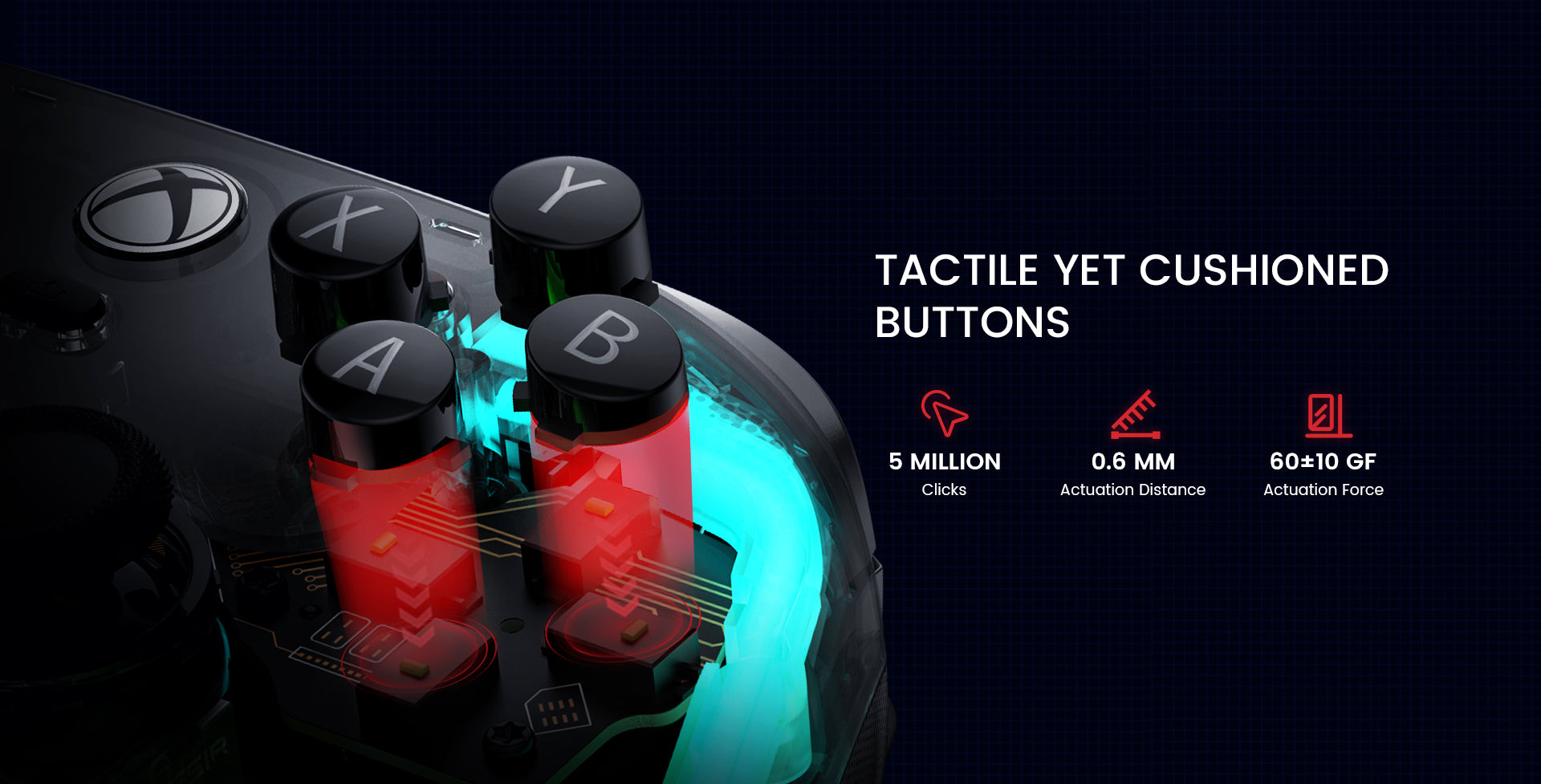 Features tactile yet cushioned buttons, with 5 million clicks and 0.6mm actuation distance
