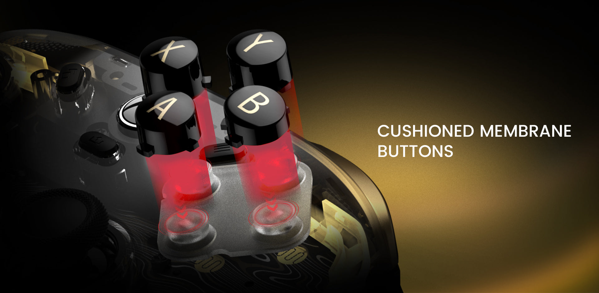 cushioned membrane buttons on Kaleid Flux game controller