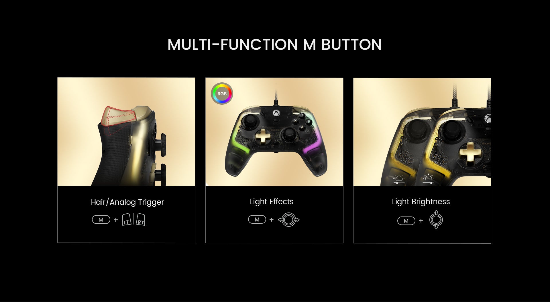 multi-function on M button using: hair/analog trigger change, light effects change, light brightness change