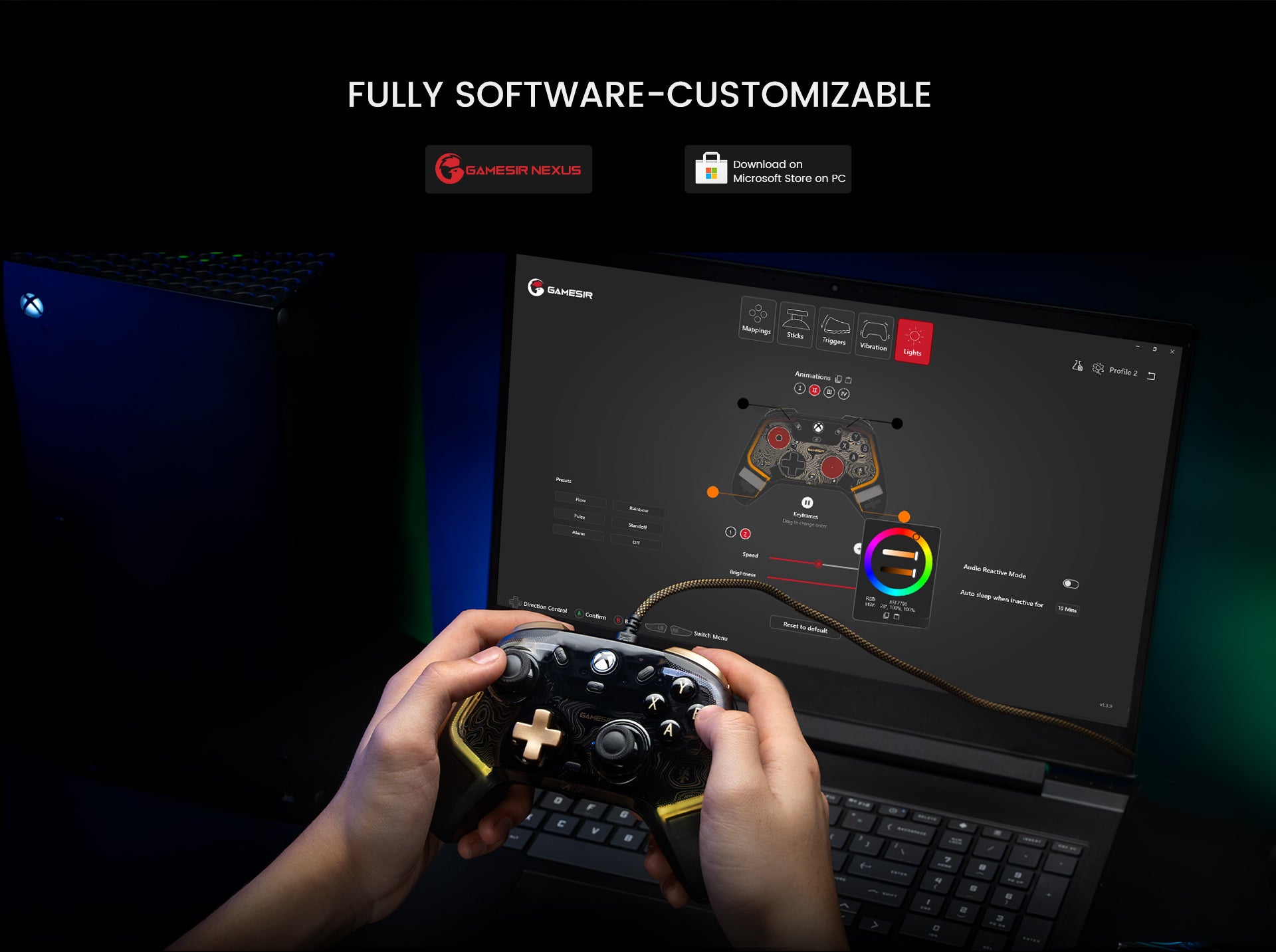 GameSir Software Interface displaying firmware updates, dead zone adjustments, and button customization options