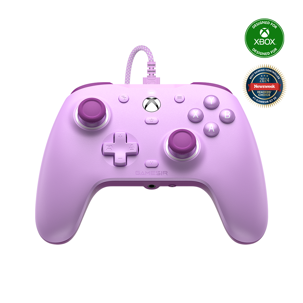 GameSir G7 SE Xbox Wired Controller in radiant purple with magnetic faceplate and anti-drift Hall Effect sticks.