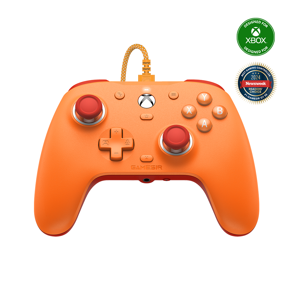 GameSir G7 SE Xbox Wired Controller in vibrant orange with magnetic faceplate and Hall Effect sticks.