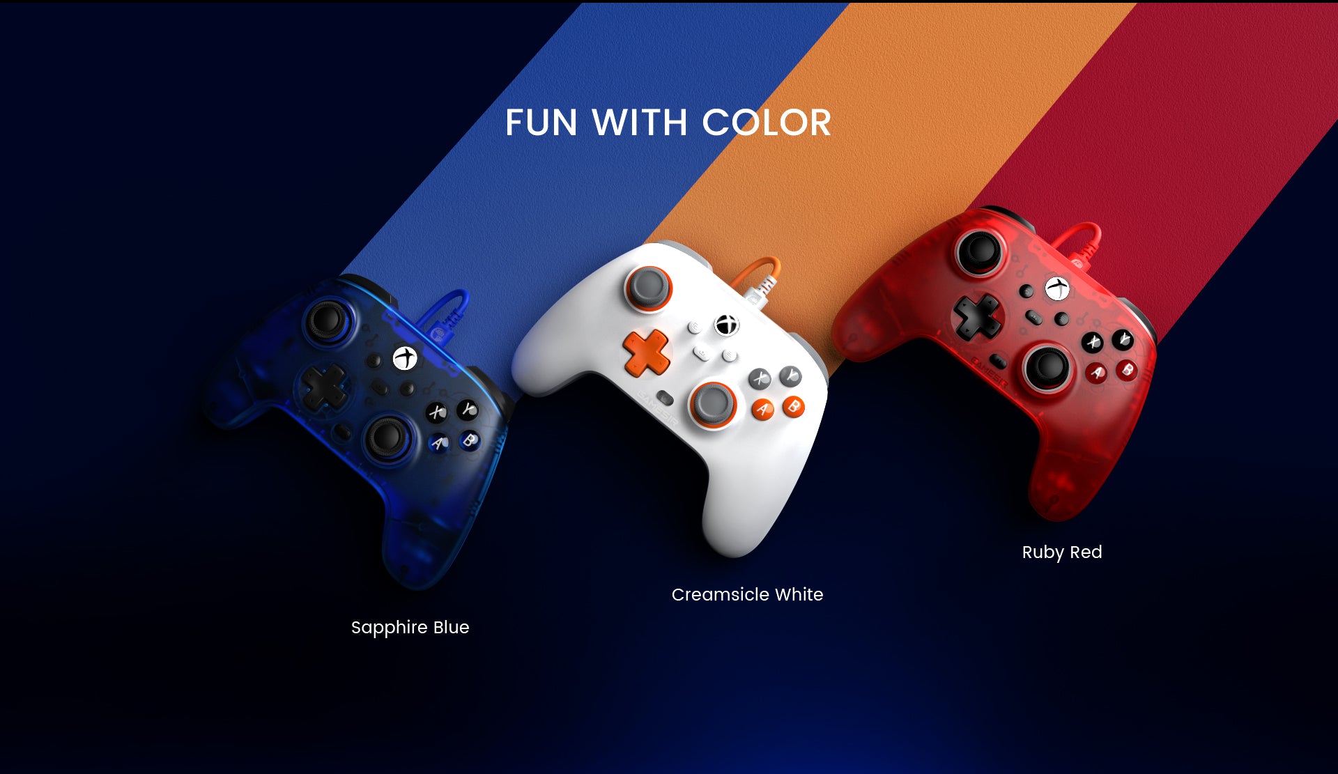 offer three color options (sapphire blue, creamsicle white, ruby red)