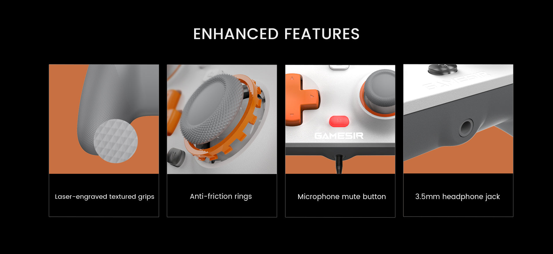 Enhanced gaming controller features: Laser-engraved textured grips, anti-friction rings for smooth thumbstick movement, microphone mute button, and 3.5mm headphone jack for audio connectivity