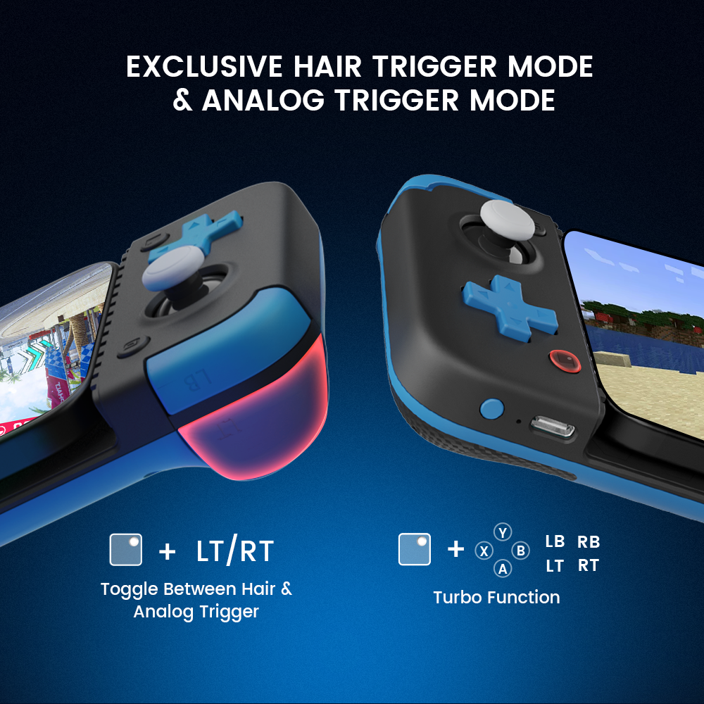 Exclusive hair trigger mode for FPS and action gamers, hold the Capture + LT/RT buttons to toggle between hair & analog triggers, press the Capture + A/B/X/Y/LB/RB/LT/RT buttons to enable the Turbo function