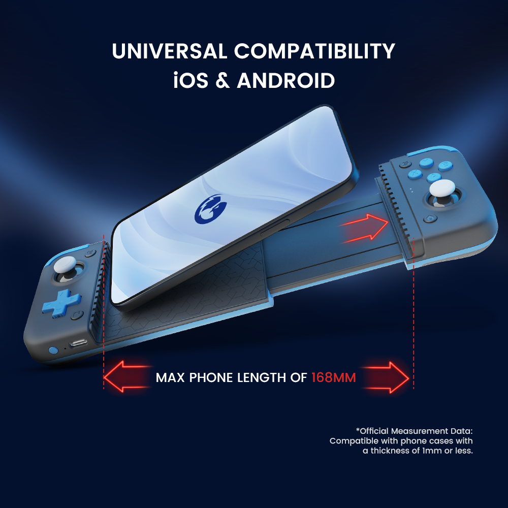 Works with iOS and Android phones, compatible with phones ranging from 110mm to 168mm in length