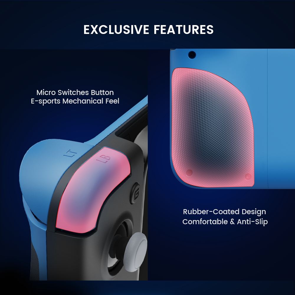 The LB and RB buttons feature micro switch design, delivering an e-sports mechanical feel, a rubber-coated design at the back of grips provides exclusive soft and anti-slip feeling