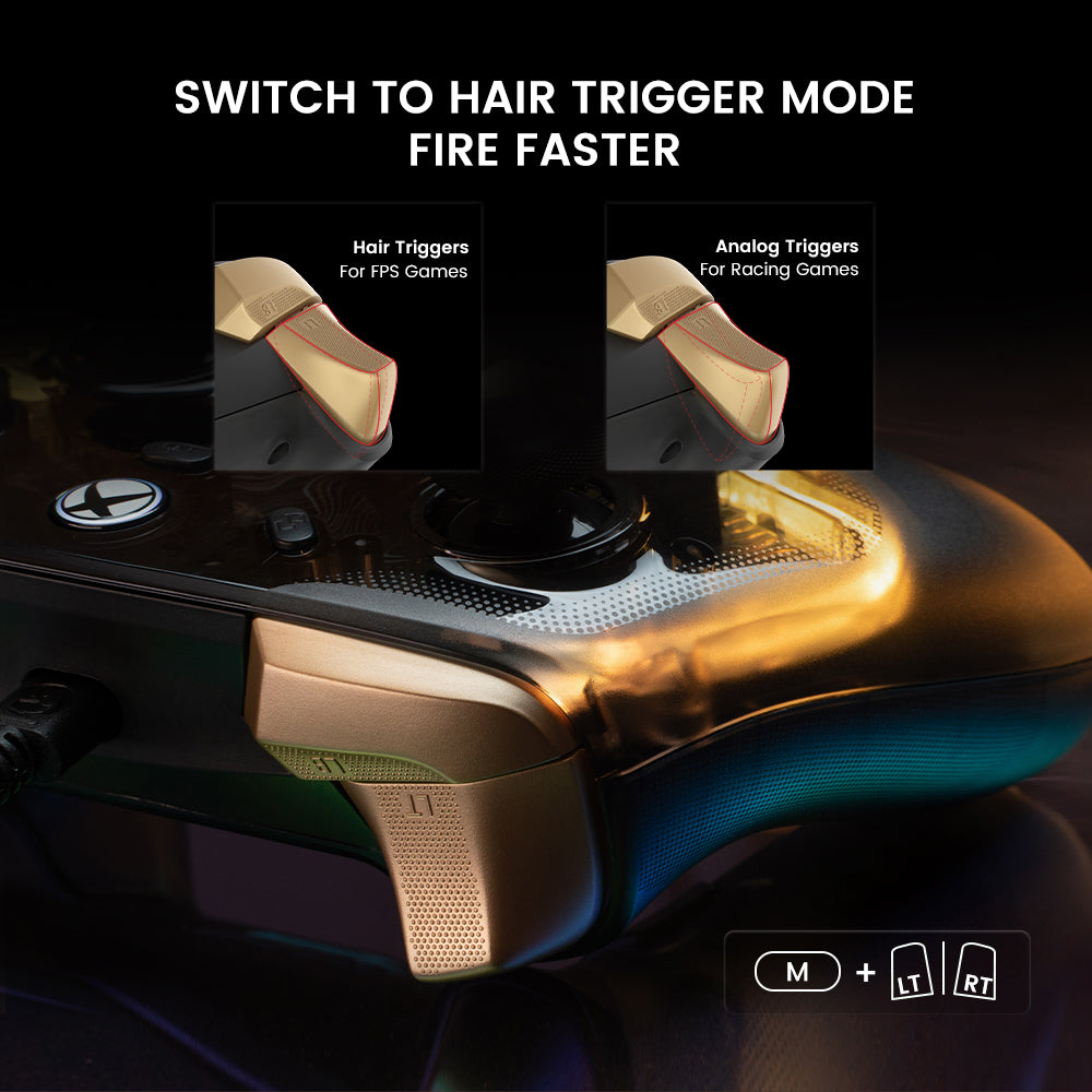 two trigger modes: hair triggers and analog triggers seamlessly switched