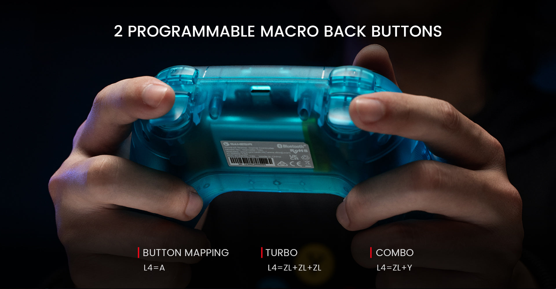 Rear-mounted programmable buttons for assigning complex command sequences or macros.